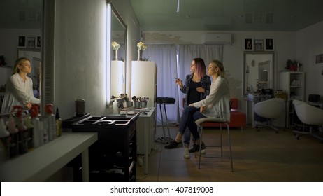 Picture Of Working Day Inside The Beauty- Sit On Chair Client Beautiful Young Woman. Make-up Artist Doing Make-up In A Beauty Salon. Stylish Interior Design