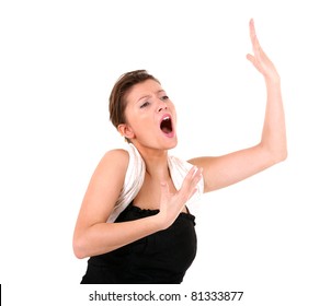 A picture of a young beautiful opera singer performing over white background
