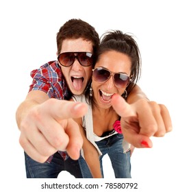 picture of a young couple pointing to you and screaming