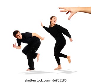 A Picture Of Young Couple Running Away From Big Hand, A Lot Of Conceptual Meanings