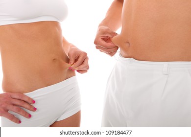 A picture of a young couple showing their belly over white background