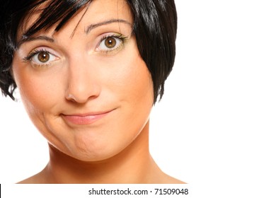 A Picture Of A Young Dissatisfied Woman Over White Background