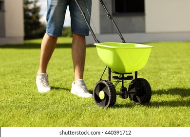 Picture of young man seeding grass in the backyard