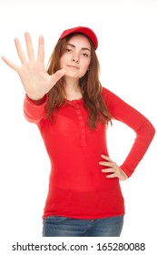 Picture Of A Young Woman In Red Blouse Showing Her Five Fingers