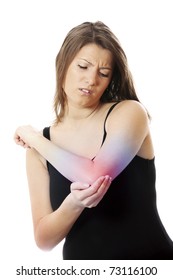 A picture of a young woman suffering from elbow ache against white background
