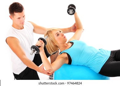 A Picture Of A Young Woman Working Out With Her Personal Trainer Over White Background