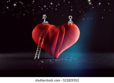 Pictured Boy Girl Sitting On A Big Textural Heart Under Starry Sky At Night On Dark Background. Stairway, Stars In Sky. The Concept For A Wedding, Valentine's Day, Birthdays. Romantic Artistic Image.