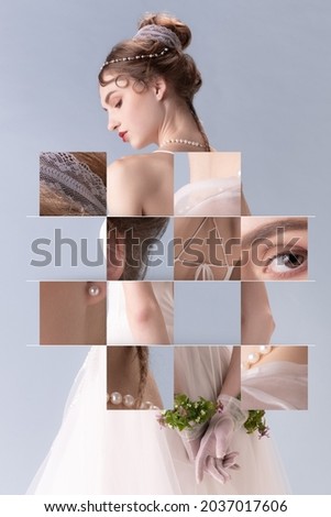 Picture-puzzle. Young woman in art action isolated on white background. Retro style, comparison of eras concept. Beautiful female model like princess, queen or duchess, old-fashioned tender outfit.