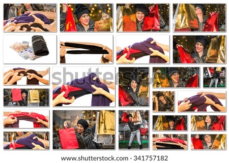 Pictures collage of women with colorful bags making Christmas shopping during the sales, on white background.