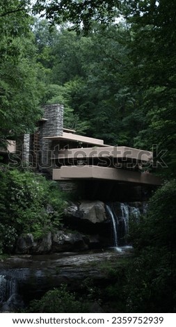 Pictures of Frank Lloyd Wright's Fallingwater taken from the iconic view.