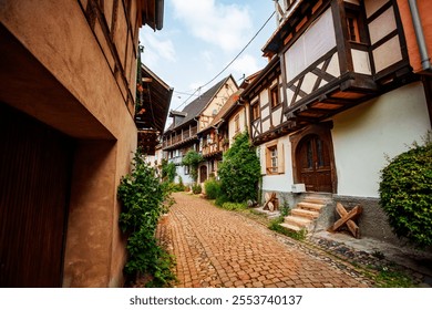 A picturesque alleyway in a historic village showcases timber-framed architecture, vibrant blooms, lush vines, creating a serene and timeless atmosphere at Eguisheim France - Powered by Shutterstock