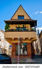 Picturesque architecture of one old house near main square in conservation area of tourist destination in historic city Tabor, Czech republic.