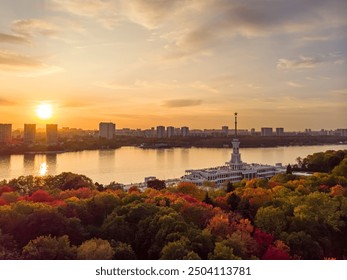 A picturesque bird's-eye view from a drone of the North River Terminal in Moscow against the background of a colorful sunset and the city, Russia - Powered by Shutterstock