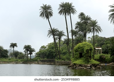 A picturesque blend of nature and history.Palm trees stretching toward the sky,a calm pond reflecting nature's beauty, and ancient stone statues blending seamlessly with the lush greenery around them. - Powered by Shutterstock