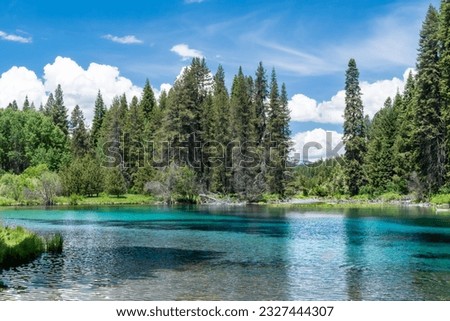 Picturesque blue waters of Kimball Lake surrounded by tall forest of fir and pine trees. 
