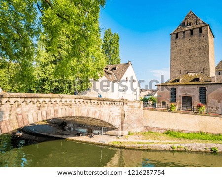 Picturesque canals in La Petite France in the medieval fairytale old town of Strasbourg, UNESCO World Heritage Site, Alsace, France.