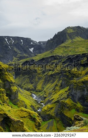 The picturesque canyon and river along a famous Laugavegur hiking trail. Amazing Icelandic landscape of volcanic mountains and river in cloudy weather with green grass and moss. Iceland in august. 