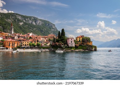 Picturesque Colorful Town At Lake Como. Scenic View Of Varenna In Lombardy. Italian Comune Surrounded By Mountains In Europe.