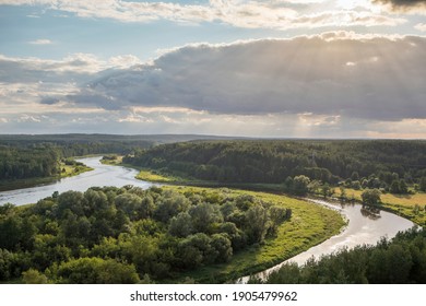 Picturesque curve of Nemunas River near Merkine as seen from Merkine observation deck, Lithuania