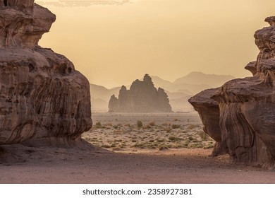 A picturesque desert landscape with rock formations of Tabuk, Neom at sunset