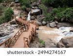 picturesque foot bridge of the river gorge at lodh waterfalls inside "palamou tiger reserve," latehar, jharkhand, india