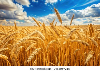 A picturesque golden wheat field under a bright blue sky, showcasing the beauty of nature and the abundance of harvest.