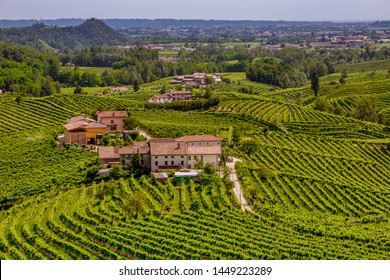 Picturesque hills with vineyards of the Prosecco sparkling wine, region in Valdobbiadene, Veneto, Italy.