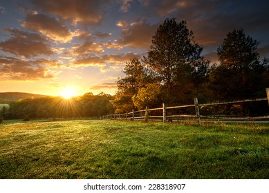 Picturesque Landscape, Fenced Ranch At Sunrise