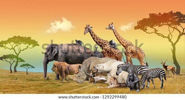 Picturesque Landscape Savanna Wild Animals Group Stock Photo 1292299480 ...