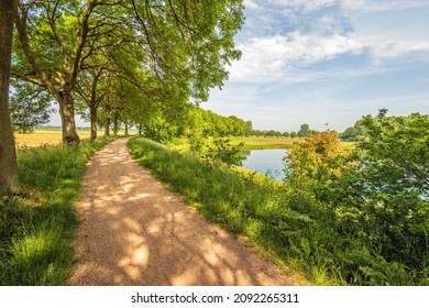 Picturesque landscape with trees and a curving sandy path along a lake. The photo was taken in the Dutch province of North Brabant on a partly cloudy day in the spring season. - Shutterstock ID 2092265311