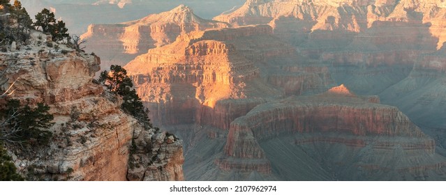 Picturesque Landscapes Of The Grand Canyon, Arizona, USA. Beautiful Natural Background. Travel Sunset Freedom