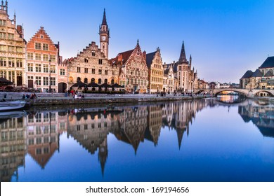 Picturesque medieval buildings overlooking the "Graslei harbor" on Leie river in Ghent town, Belgium, Europe. - Shutterstock ID 169194656
