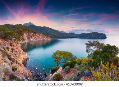 Picturesque Mediterranean Seascape In Turkey. Sunrise In A Small Bay Near The Tekirova Village, District Of Kemer, Antalya Province. Artistic Style Post Processed Photo.