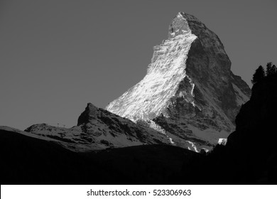 picturesque mountain Matterhorn at sunset, Switzerland, black and white, monochrome
