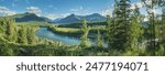 Picturesque mountain valley on a sunny summer day, wild river, panoramic view