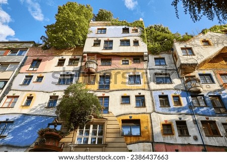 Picturesque multicolored facade in Vienna. Hunderwasser residential house. Austria