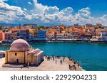 Picturesque old port of Chania. Landmarks of Crete island. Greece. Bay of Chania at sunny summer day, Crete Greece. View of the old port of Chania, Crete, Greece. The port of chania, or Hania. 