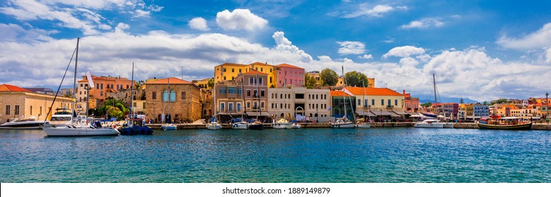 Picturesque old port of Chania. Landmarks of Crete island. Greece. Bay of Chania at sunny summer day, Crete Greece. View of the old port of Chania, Crete, Greece. The port of chania, or Hania.  - Shutterstock ID 1889149879