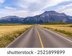 A picturesque open road stretches towards stunning mountains under a vast sky in Waterton, Alberta, Canada. Ideal for exploring adventure, nature, and tranquility in the great outdoors.