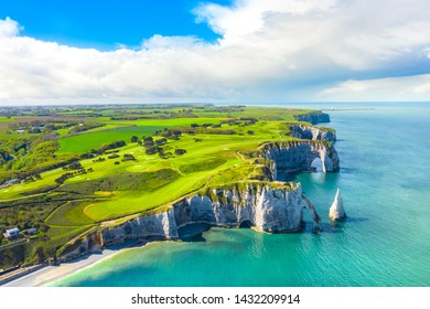 Picturesque panoramic landscape on the cliffs of Etretat. Natural amazing cliffs. Etretat, Normandy, France, La Manche or English Channel. Coast of the Pays de Caux area in sunny summer day. France
 - Shutterstock ID 1432209914