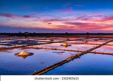 Picturesque place at sunset,Jing Zhai Jiao Tile- Paved Salt Fields in Tainan, Taiwan