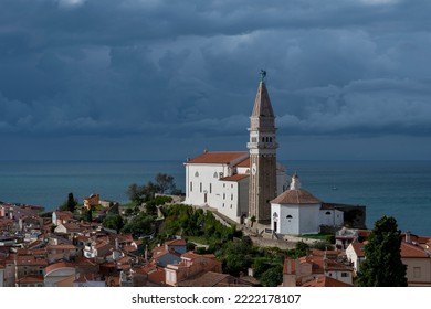 The Picturesque Port Of Piran On The Adriatic Sea In Slovenia In Stormy Weather