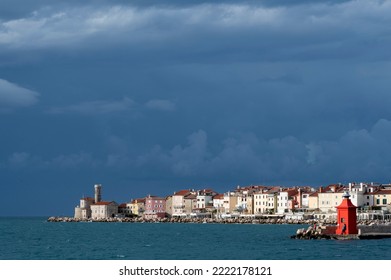 The Picturesque Port Of Piran On The Adriatic Sea In Slovenia In Stormy Weather