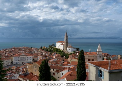 The Picturesque Port Of Piran On The Adriatic Sea In Slovenia In Stormy Weather