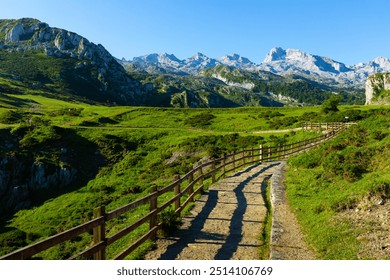 Picturesque rocky landscape of National Park in Picos de Europa mountain range on sunny summer day, Asturias, Spain.. - Powered by Shutterstock