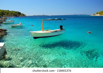 Picturesque scene of boats in a quiet bay of Milna on Brac island, Croatia