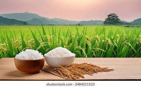 A picturesque scene featuring both white rice and paddy rice set against a lush background of thriving rice plants, illustrating the journey from field to table.