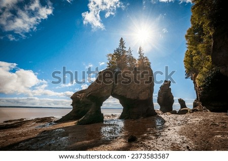 A picturesque scene of Hopewell Rocks Provincial Park in the Bay of Fundy, New Brunswick, Canada