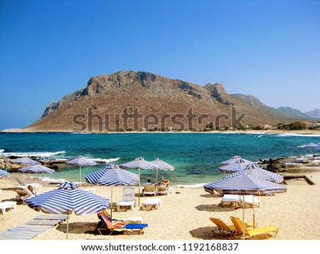 Picturesque Stavros beach at Crete, Greece. Mountain rising over the bay. Movie “Zorba the Greek” with Anthony Quinn was filmed in this place. 
