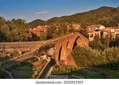 A picturesque stone bridge arches over a serene landscape, surrounded by lush greenery and a quaint village in the background.  - Powered by Shutterstock